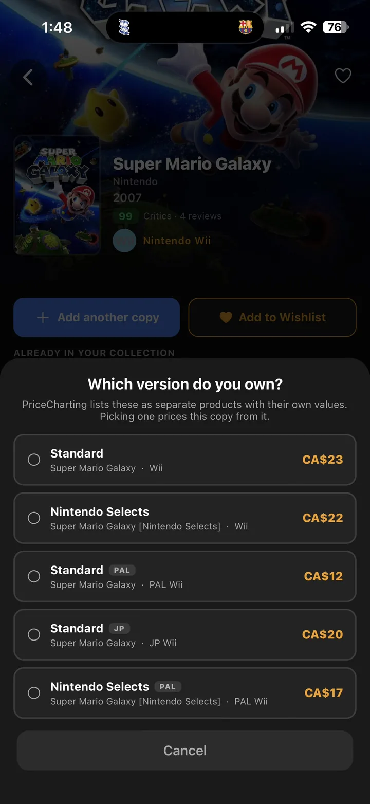 GamerVault variant picker listing the separate Super Mario Galaxy releases, each with its own market price